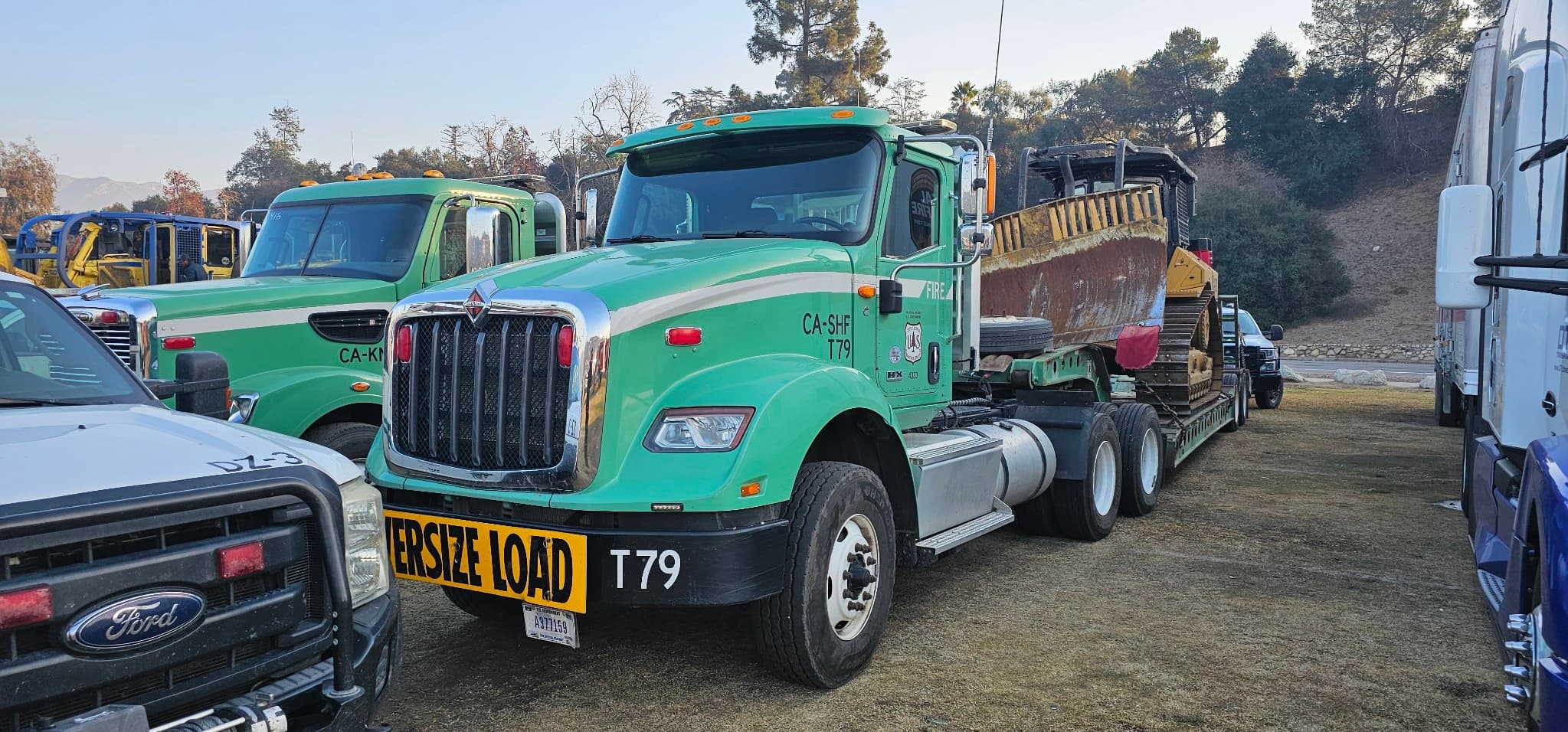 International HX flatbed transport truck at the Eaton Fire command post